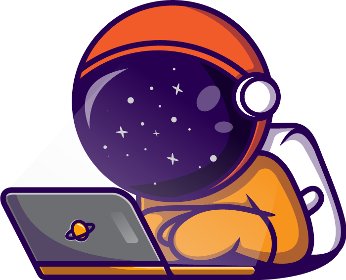Cartoon-Astronaut in einem orangefarbenen Raumanzug, der im Schneidersitz sitzt und an einem Laptop arbeitet. Im Helmvisier spiegeln sich Sterne, und auf dem Laptop ist ein kleiner Planetenaufkleber. Cartoon-Astronaut in einem orangefarbenen Raumanzug, der im Schneidersitz sitzt und an einem Laptop arbeitet. Im Helmvisier spiegeln sich Sterne, und auf dem Laptop ist ein kleiner Planetenaufkleber.