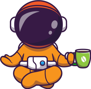 More coffee! Astronaut in Yogasitz mit Kaffeetasse in der Hand