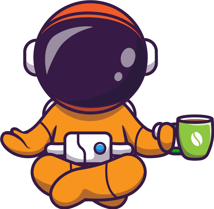 More coffee! Astronaut in Yogasitz mit Kaffeetasse in der Hand